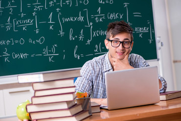 Young male student studying math at school