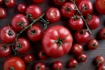 Perfect fresh differetn sort red tomatoes on a branch at wooden background from above.