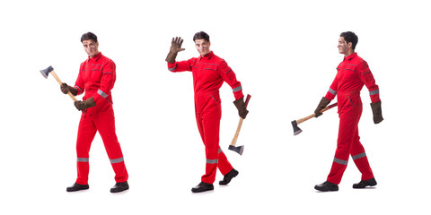 Contractor employee with axe on white background