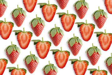 Fresh strawberries pattern, top view on white.