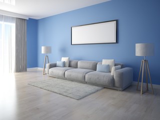 Mock up a spacious living room with a large comfortable sofa and a trendy background.
