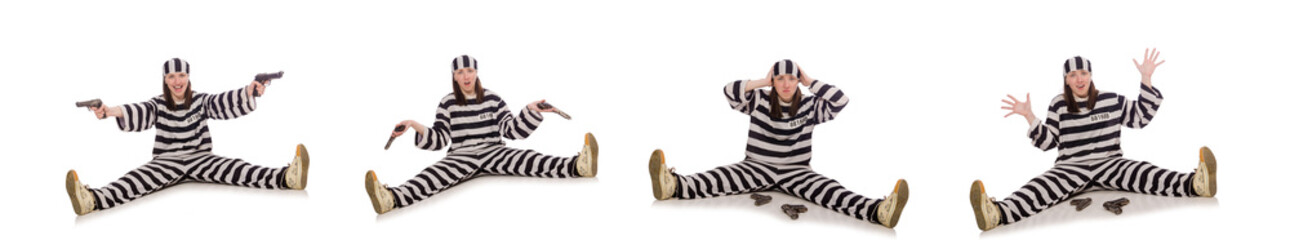 Young woman in prison isolated on white