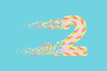 Shattering number 2 3D realistic raster illustration. Alphabet number with marshmallow texture. Isolated design element.
