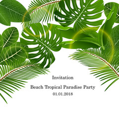 Tropical bright green flyer with monster leaves, palm trees, banana. Invitation to a party in an exotic style.