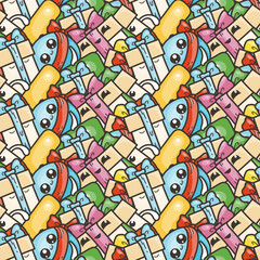 Funny doodle seamless pattern with gift boxes. Cute for prints, cards, designs and coloring books