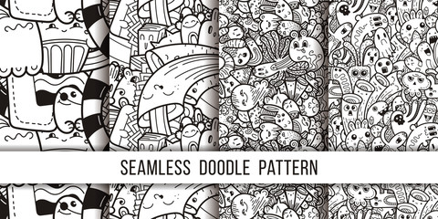 Fototapeta premium Collection of funny doodle monsters seamless pattern for prints, designs and coloring books