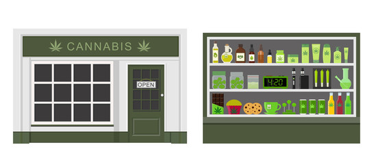 Cannabis store. Marijuana equipment and accessories for smoking, storing medical cannabis. Marijuana products. Marijuana Legalization. Isolated vector illustration.