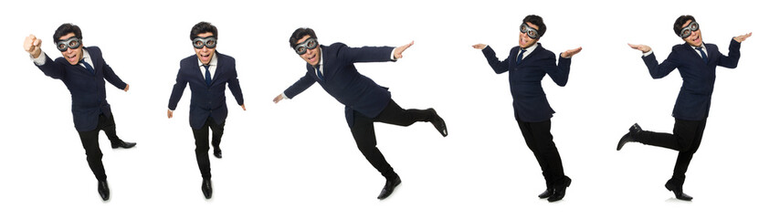 Funny man wearing goggles isolated on white