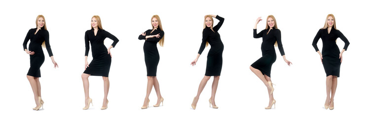 Pretty pregnant woman in black dress isolated on white