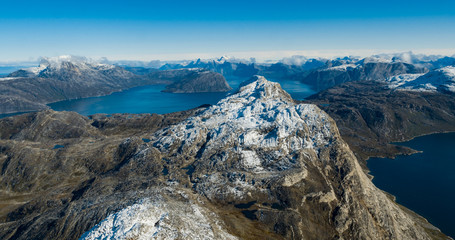 Greenland nature mountain landscape aerial drone image showing amazing greenland landscape near...