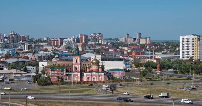 Timelapse of the city Barnaul view of the city and church, Altai, Russia.