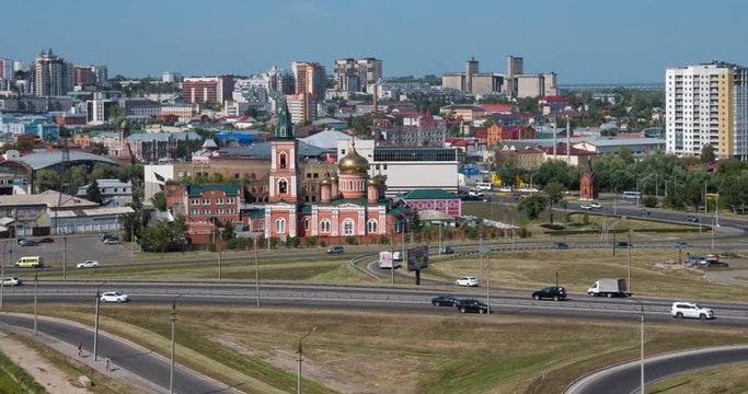 Timelapse of the city Barnaul view of the city and church, Altai, Russia.