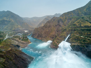 Fototapeta na wymiar Nurek Dam Spillway, taken in Tajikistan in August 2018 taken in hdr