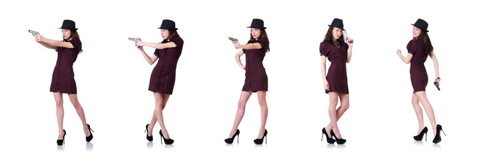 Woman gangster with handgun on white