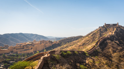 Fototapeta na wymiar Amber fort : The Beautiful architecture in (Pink City) Jaipur, Rajasthan, India