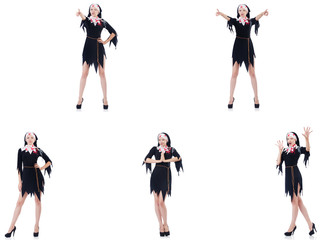 Young beautiful nun in short dress isolated on white