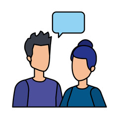 young couple with speech bubble characters