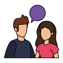 young couple with speech bubble characters