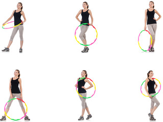 Young woman with hula hoop isolated on white 