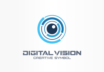 Digital vision creative symbol concept. Eye iris scan, vr system abstract business logo. Cctv monitor, security control, video camera lens icon.