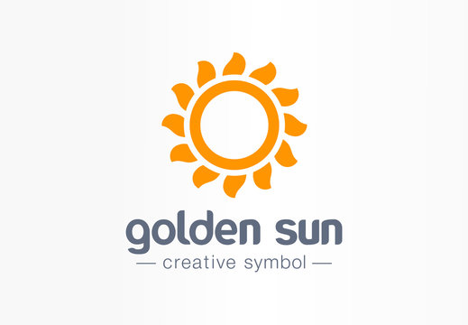 Golden sun rays creative symbol concept. Summertime sunlight, sunflower, solarium abstract business logo. Summer, sunshine, sunrise, flower icon