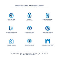 Protection and security creative symbols set, font concept. Home, people secure abstract business logo. Safe lock, padlock shield icon