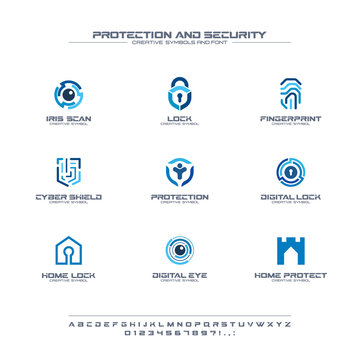 Protection and security creative symbols set, font concept. Home, people secure abstract business logo. Safe lock, padlock shield icon