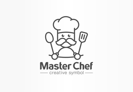 Master chef creative symbol concept. Cook mustache and hat, cafe menu, restaurant kitchen abstract business logo. Baker, spoon tasty food icon