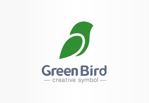 Green bird creative eco symbol concept. Nature freedom sparrow abstract leaf silhouette wing business logo. Art healthcare environment message icon.