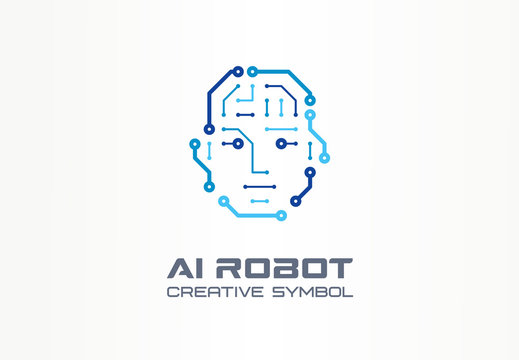 AI robot technology creative symbol machine concept. Digital bionic cyborg face abstract business future logo. Smart humanoid, vr electronics icon.