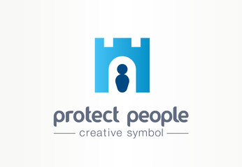 Protect people creative symbol concept. Human shield, body guard abstract business fortress logo. Royal tower , castle security, person safety icon.