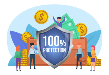 Financial security, money insurance. Small people stand near big shield, wallet, coins, cash. Poster for social media, web page, banner, presentation. Flat design vector illustration