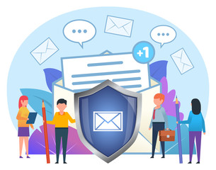 Encrypted, secure messenger concept. Small people stand near big shield, email letters, messages. Poster for social media, web page, banner, presentation. Flat design vector illustration