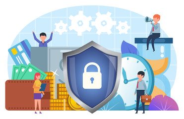 Financial security, money, business insurance. Small people stand near big shield, cash, coins, time. Poster for social media, web page, banner, presentation. Flat design vector illustration