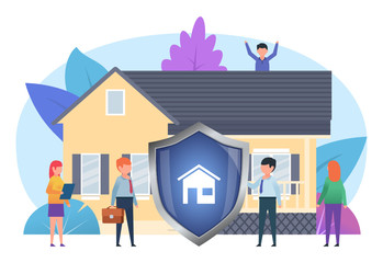 Real estate, house insurance, security concept. People stand near house, big shield. Poster for social media, web page, banner, presentation. Flat design vector illustration