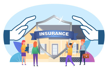 Real estate, house insurance, security concept. People stand near house, big shield. Poster for social media, web page, banner, presentation. Flat design vector illustration