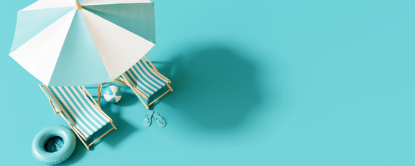 Top view Beach umbrella with chairs and beach accessories on blue background. summer vacation concept. 3d rendering - obrazy, fototapety, plakaty