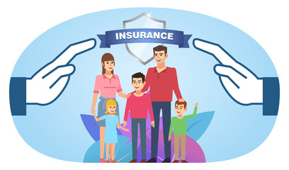 Family insurance, security, protection. Husband, wife, son, daughter stand under protection, shield. Poster for social media, banner, web page, presentation. Flat design vector illustration