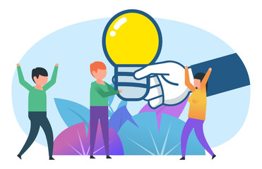 Idea, get help in startup concept. Small people taking idea bulb from big hand. Poster for social media, web page, banner, presentation. Flat design vector illustration