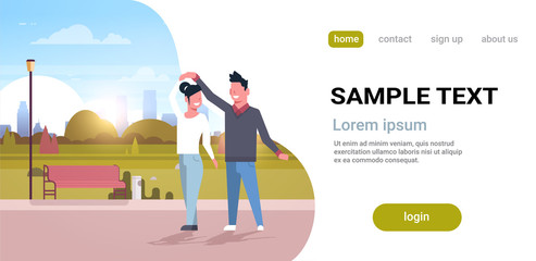couple dancing together man woman having fun city urban park cityscape background happy lovers male female cartoon characters full length flat horizontal copy space vector illustration