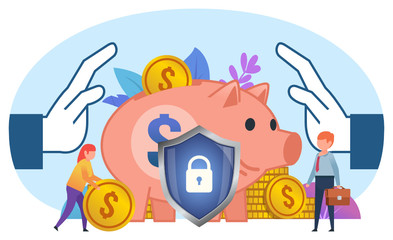 Money, financial insurance. Big hands protecting piggy bank, coins, finances. Poster for social media, web page, banner, presentation. Flat design vector illustration