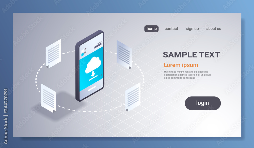 Poster online downloading mobile application computing cloud synchronization concept network sync document 