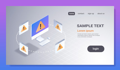 problem computer application software error concept 3d isometric technology exclamation mark icon pc monitor screen alert warning notification horizontal copy space
