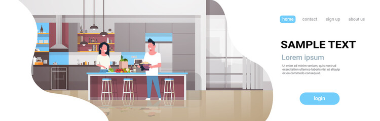 young couple making dinner happy man woman cooking together at home modern kitchen interior male female full length horizontal copy space flat