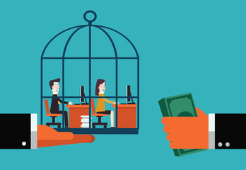 Boss sells his employee in a cage. Work under pressure, stressing situations, subordination, overwork and power abuse vector concept illustration