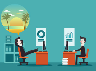 Businessman dreaming about vacation. Holidays time, recreation, travel and relaxation vector design. Beach sunset background 