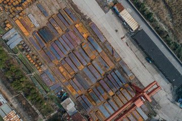 aerial view of steel plates and metal profiles stocked in a factory