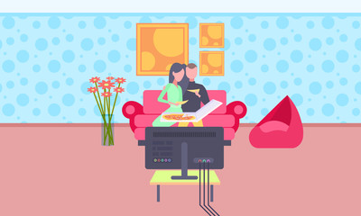 happy couple eating pizza man woman watching tv on couch modern apartment home interior male female cartoon characters flat horizontal