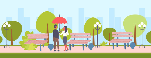 lovers couple under umbrella rear view man woman romantic walking in rain city urban park cityscape background full length male female characters flat horizontal