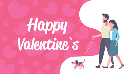 couple walking with cute dog man woman happy valentines day concept lovers strolling over heart shapes flat horizontal greeting card